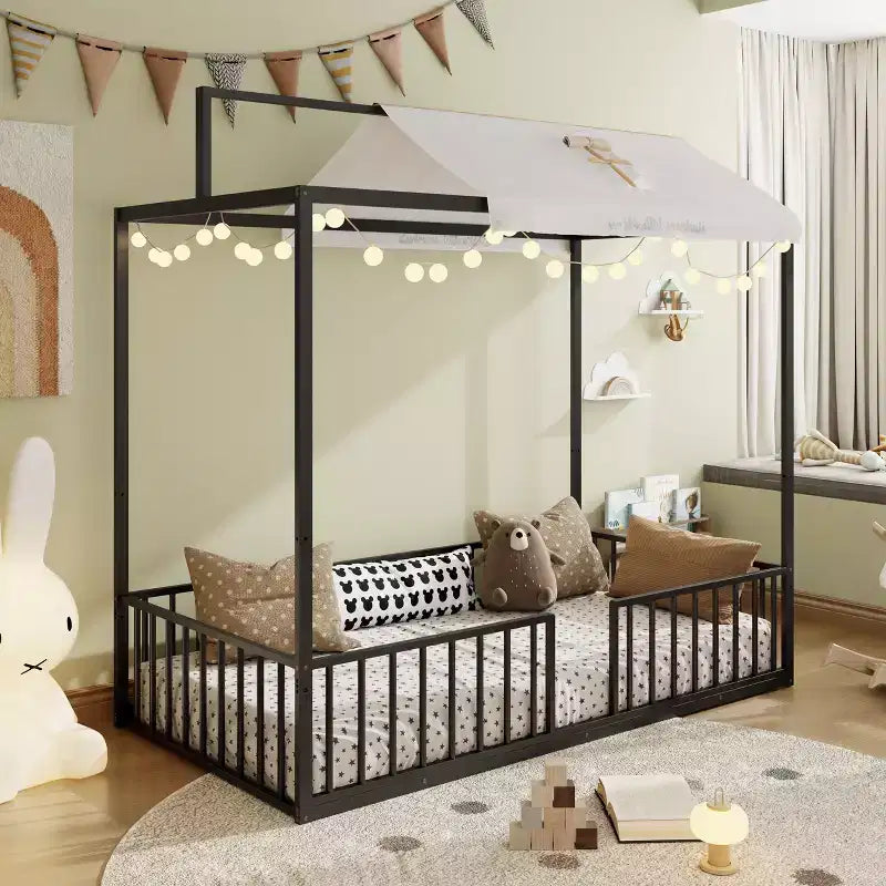 Lit de sol Montessori convertible 3-en-1 en métal, taille double/tout-petit, lit pour tout-petit avec clôture, lit à baldaquin