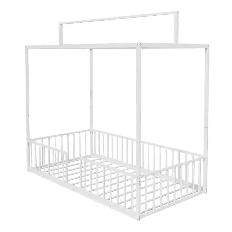 Lit de sol Montessori convertible 3-en-1 en métal, taille double/tout-petit, lit pour tout-petit avec clôture, lit à baldaquin