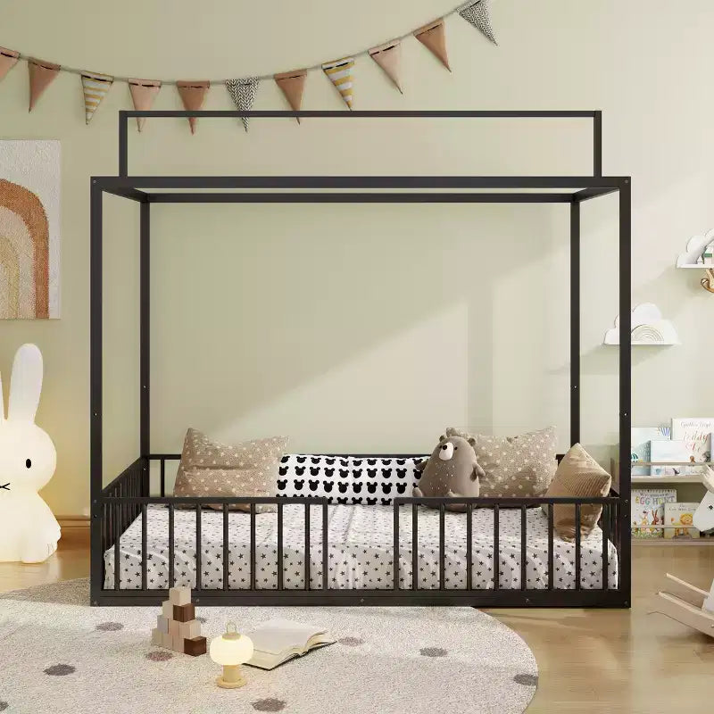Lit de sol Montessori convertible 3-en-1 en métal, taille double/tout-petit, lit pour tout-petit avec clôture, lit à baldaquin
