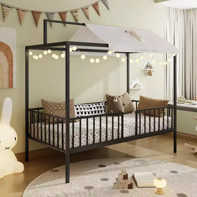 Lit de sol Montessori convertible 3-en-1 en métal, taille double/tout-petit, lit pour tout-petit avec clôture, lit à baldaquin