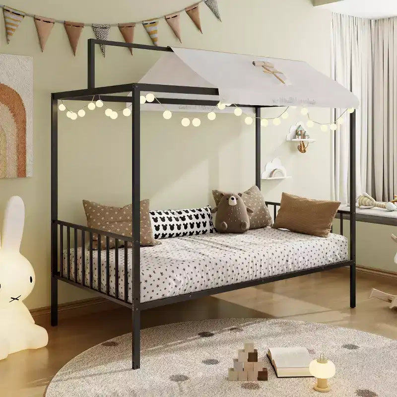 Lit de sol Montessori convertible 3-en-1 en métal, taille double/tout-petit, lit pour tout-petit avec clôture, lit à baldaquin