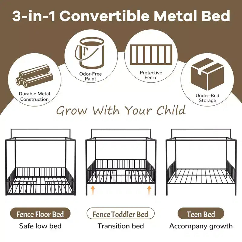 Lit de sol Montessori convertible 3-en-1 en métal, taille double/tout-petit, lit pour tout-petit avec clôture, lit à baldaquin