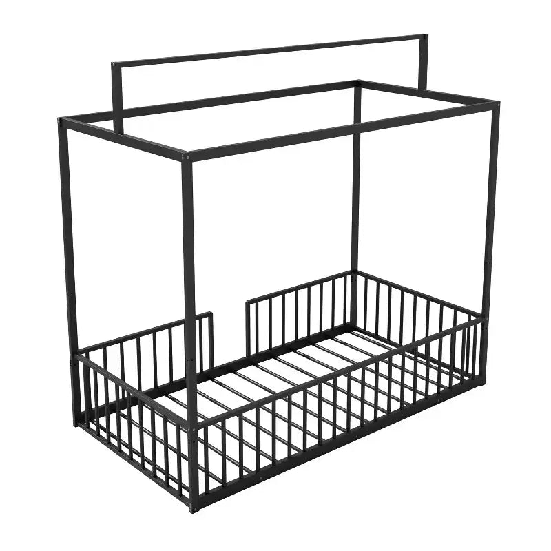Lit de sol Montessori convertible 3-en-1 en métal, taille double/tout-petit, lit pour tout-petit avec clôture, lit à baldaquin