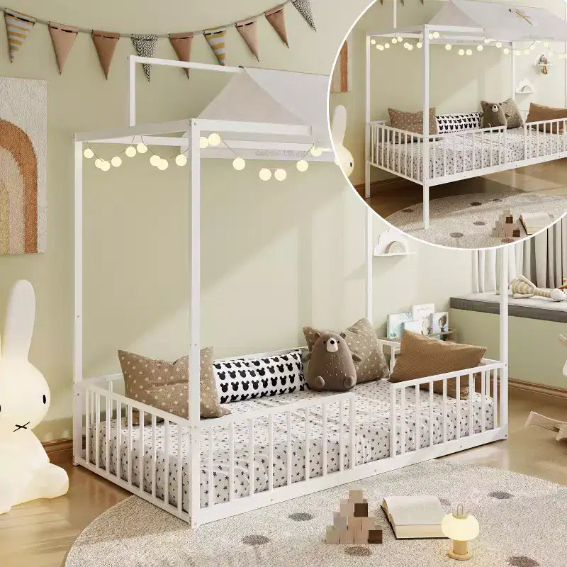 Lit de sol Montessori convertible 3-en-1 en métal, taille double/tout-petit, lit pour tout-petit avec clôture, lit à baldaquin