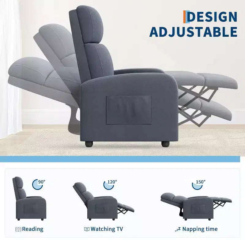 Fauteuil Inclinable Paresseux Monoplace, Réglable de 90° à 160°, Poche Latérale, Accoudoirs Larges et Assise Rembourrée