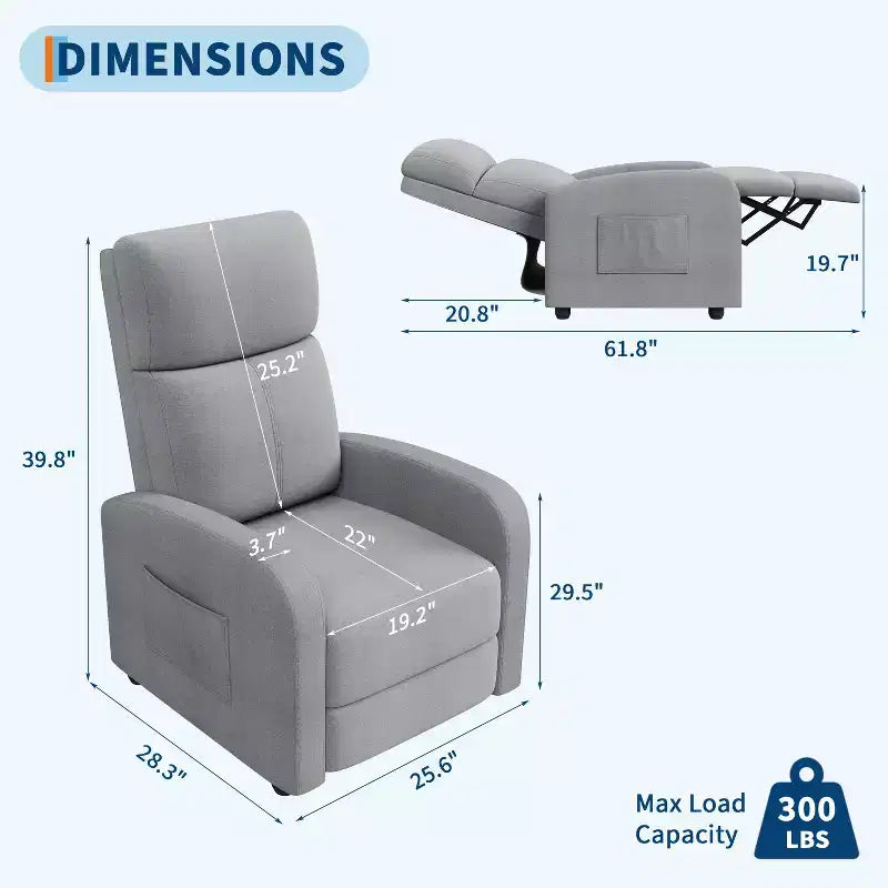 Fauteuil Inclinable Paresseux Monoplace, Réglable de 90° à 160°, Poche Latérale, Accoudoirs Larges et Assise Rembourrée
