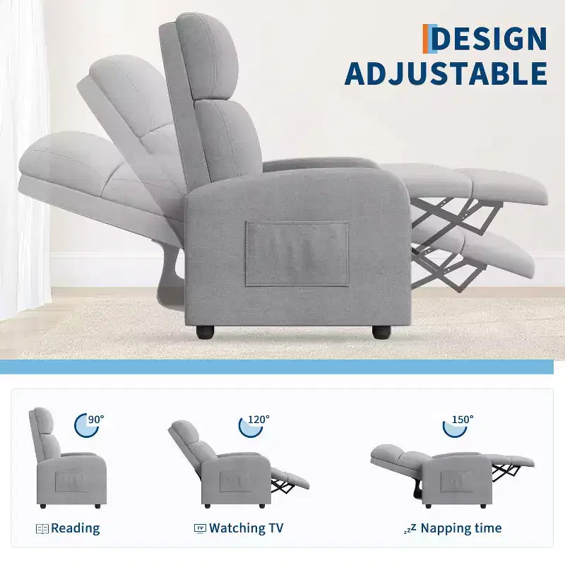 Fauteuil Inclinable Paresseux Monoplace, Réglable de 90° à 160°, Poche Latérale, Accoudoirs Larges et Assise Rembourrée