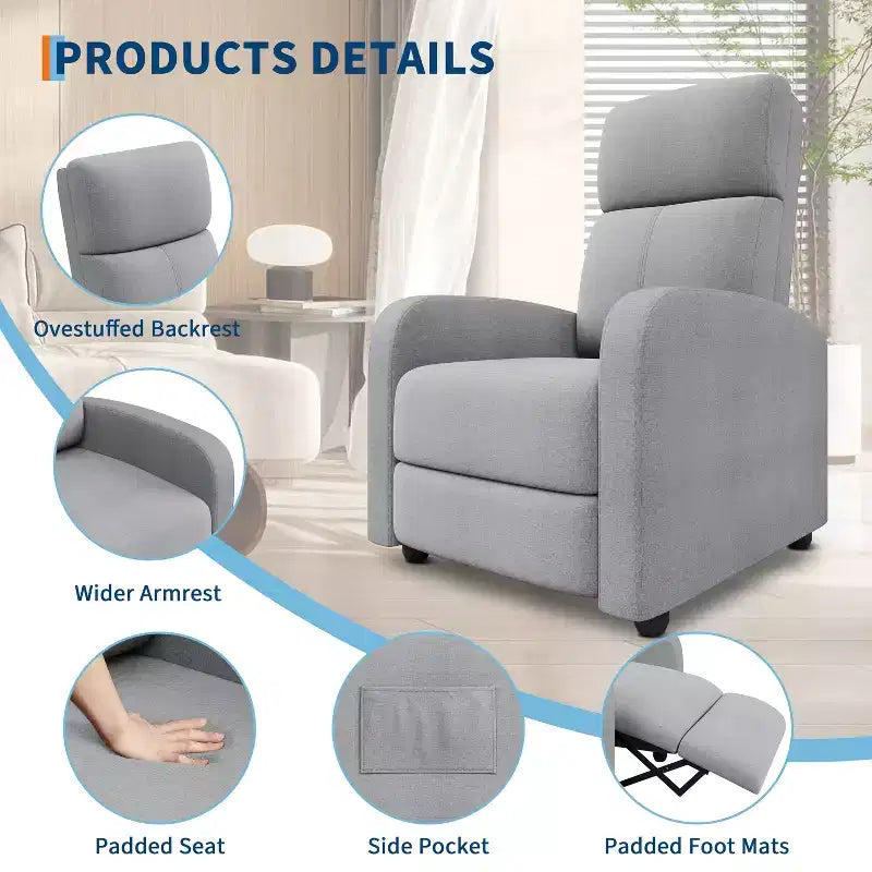 Fauteuil Inclinable Paresseux Monoplace, Réglable de 90° à 160°, Poche Latérale, Accoudoirs Larges et Assise Rembourrée