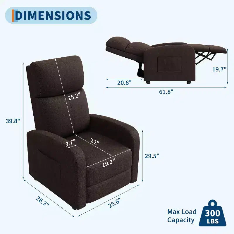 Fauteuil Inclinable Paresseux Monoplace, Réglable de 90° à 160°, Poche Latérale, Accoudoirs Larges et Assise Rembourrée