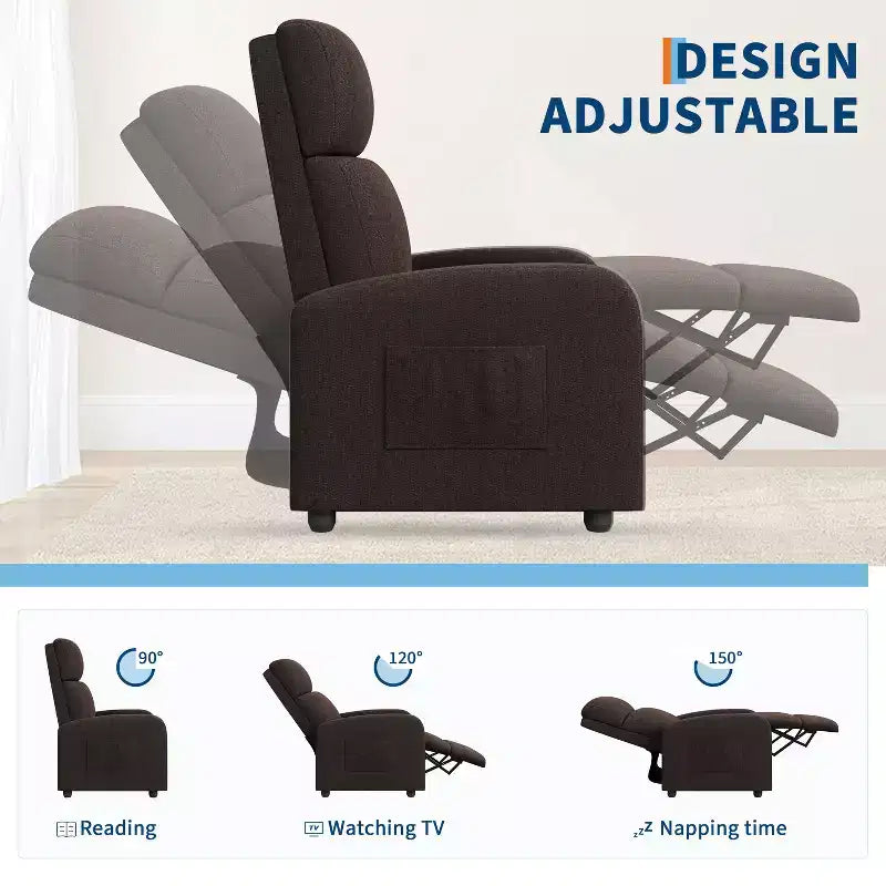 Fauteuil Inclinable Paresseux Monoplace, Réglable de 90° à 160°, Poche Latérale, Accoudoirs Larges et Assise Rembourrée
