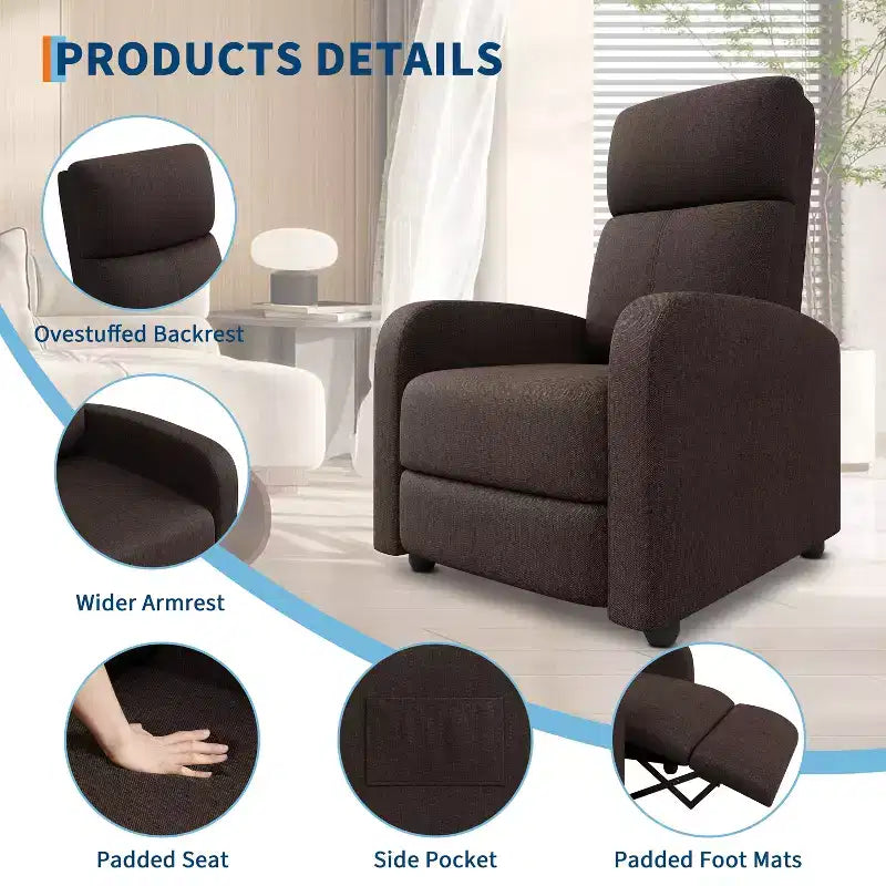 Fauteuil Inclinable Paresseux Monoplace, Réglable de 90° à 160°, Poche Latérale, Accoudoirs Larges et Assise Rembourrée