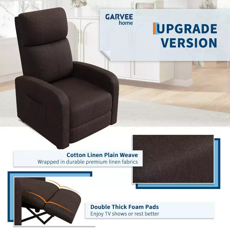 Fauteuil Inclinable Paresseux Monoplace, Réglable de 90° à 160°, Poche Latérale, Accoudoirs Larges et Assise Rembourrée