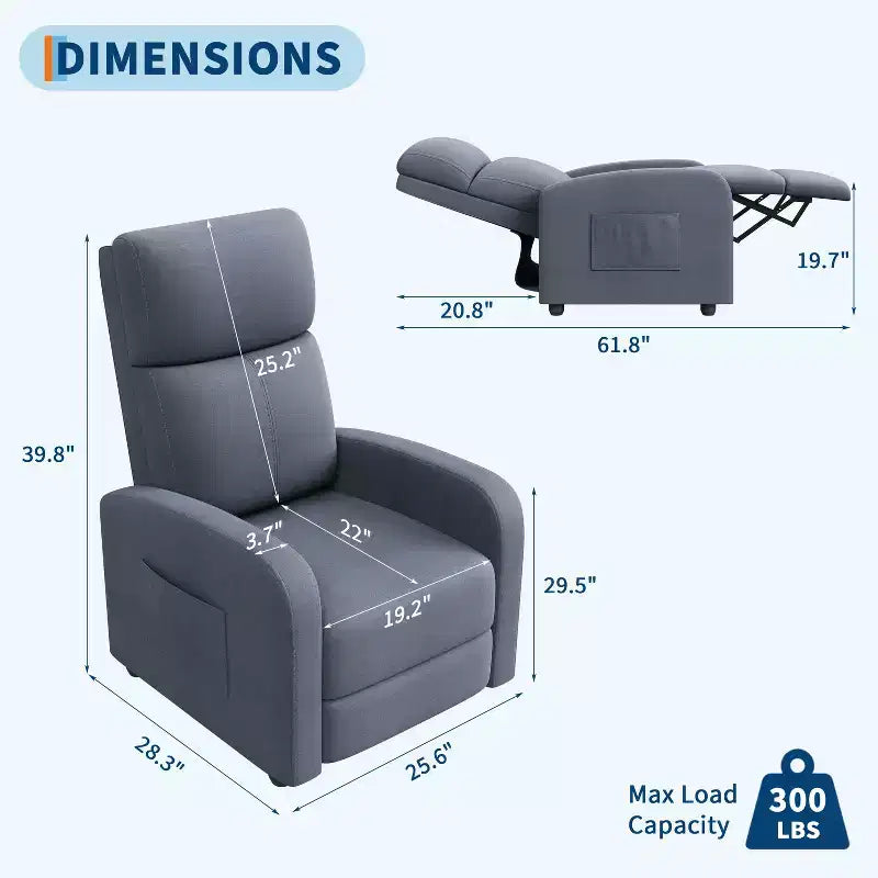 Fauteuil Inclinable Paresseux Monoplace, Réglable de 90° à 160°, Poche Latérale, Accoudoirs Larges et Assise Rembourrée