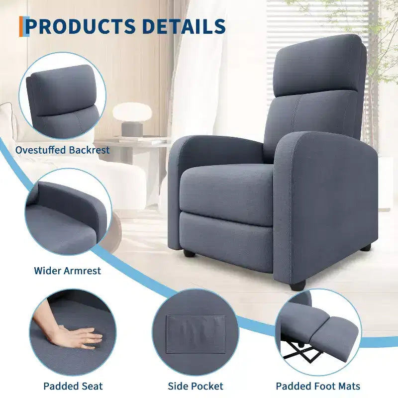 Fauteuil Inclinable Paresseux Monoplace, Réglable de 90° à 160°, Poche Latérale, Accoudoirs Larges et Assise Rembourrée
