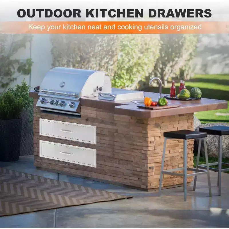 Tiroir de cuisine extérieure 76 cm l. x 58 cm H. x 25 cm P., double tiroir encastrable en acier inoxydable pour îlot de cuisine extérieure et barbecue de terrasse