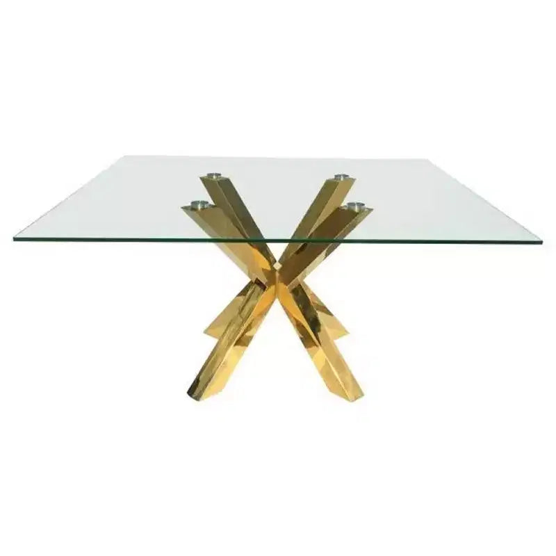 Table à manger carrée avec base en croisillons en verre transparent et métal doré, 152 cm