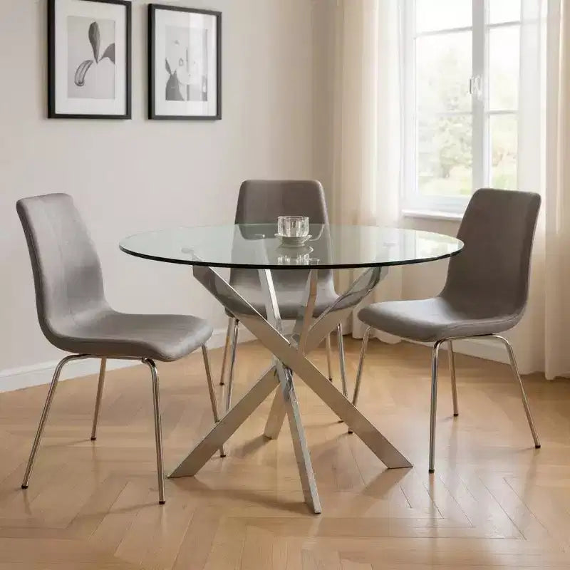 Table à manger ronde à plateau en verre et métal clair et argenté avec pieds croisés de 48 po