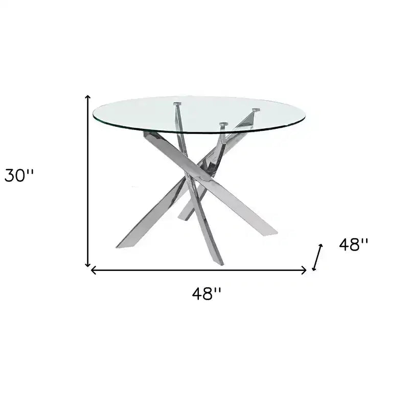 Table à manger ronde à plateau en verre et métal clair et argenté avec pieds croisés de 48 po