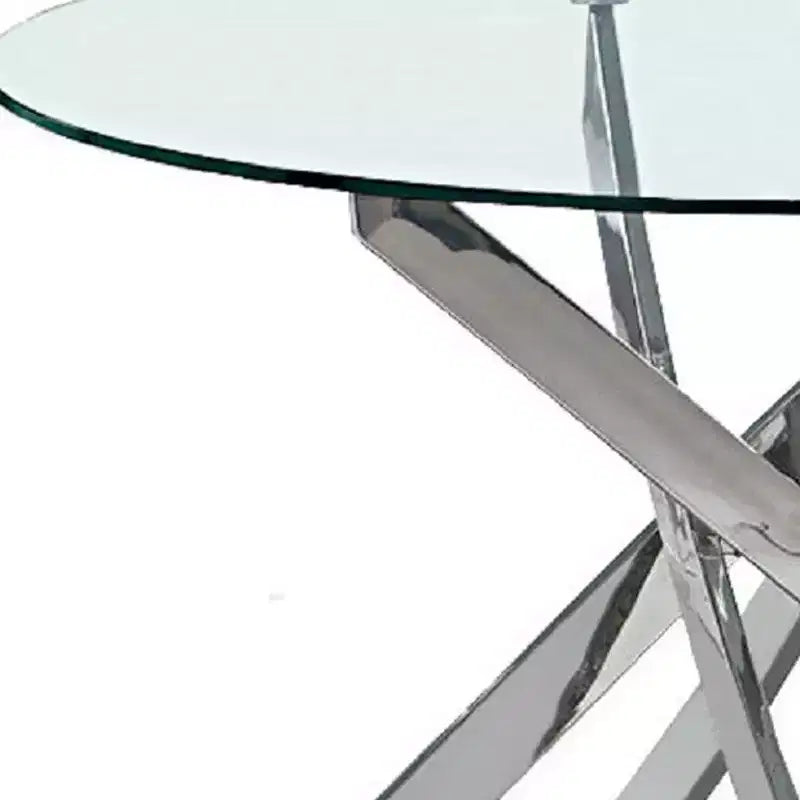 Table à manger ronde à plateau en verre et métal clair et argenté avec pieds croisés de 48 po