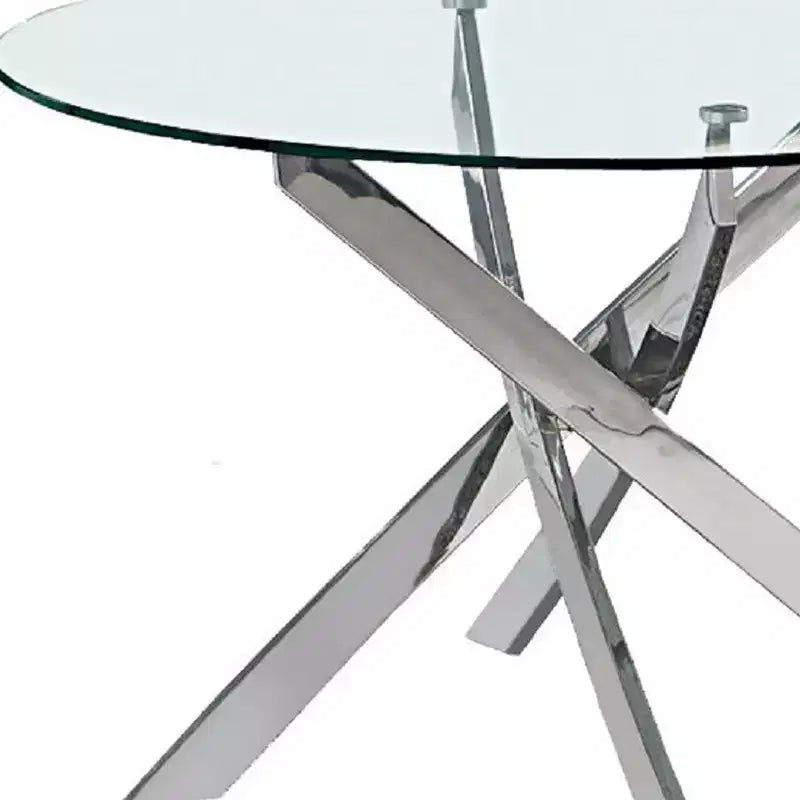 Table à manger ronde à plateau en verre et métal clair et argenté avec pieds croisés de 48 po