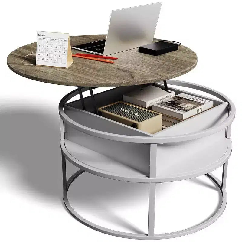 Table basse avec plateau relevable et rangement caché, table centrale ronde pour salon