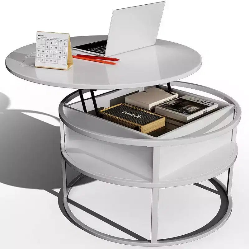 Table basse avec plateau relevable et rangement caché, table centrale ronde pour salon