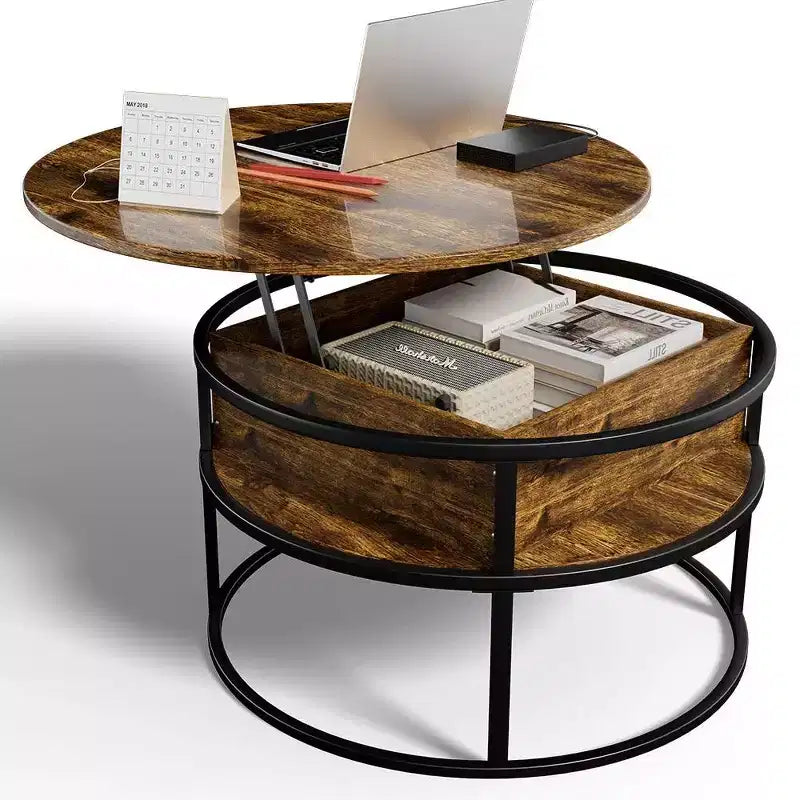 Table basse avec plateau relevable et rangement caché, table centrale ronde pour salon