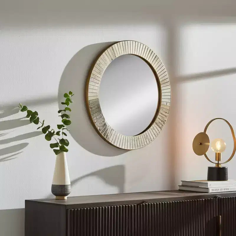 Miroir rond avec cadre texturé, finition métallique dorée, style moderne pour la décoration murale de la maison, du bureau, de la chambre ou du salon