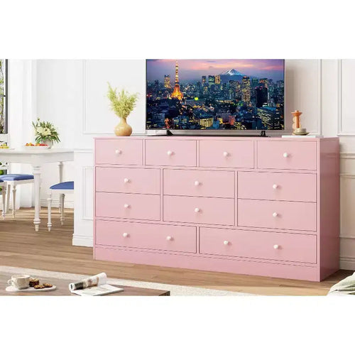 Commode à 12 tiroirs, meuble TV long de 155 cm avec station de charge, grands tiroirs en bois pour chambre, placard, salon, rose