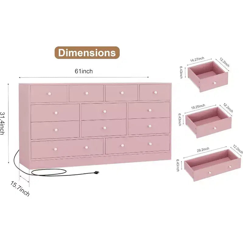 Commode à 12 tiroirs, meuble TV long de 155 cm avec station de charge, grands tiroirs en bois pour chambre, placard, salon, rose
