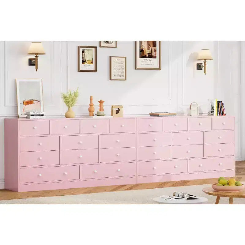 Commode à 12 tiroirs, meuble TV long de 155 cm avec station de charge, grands tiroirs en bois pour chambre, placard, salon, rose