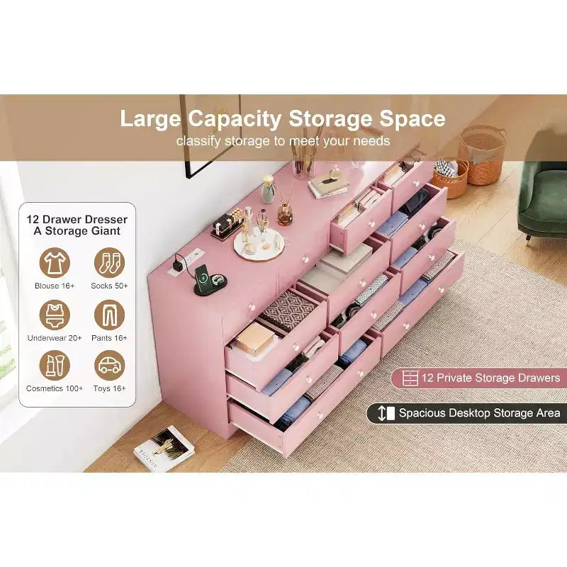 Commode à 12 tiroirs, meuble TV long de 155 cm avec station de charge, grands tiroirs en bois pour chambre, placard, salon, rose