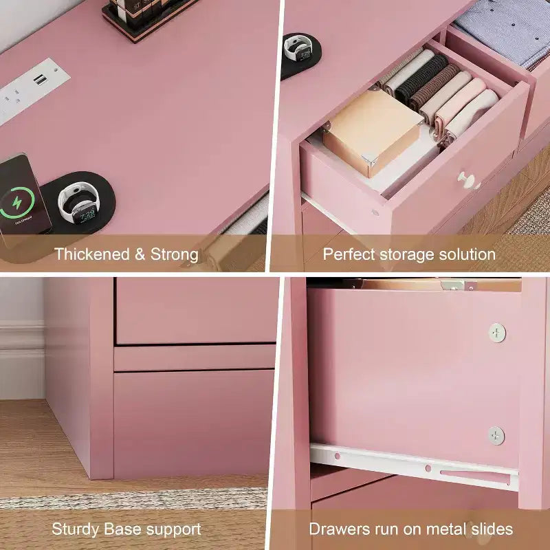 Commode à 12 tiroirs, meuble TV long de 155 cm avec station de charge, grands tiroirs en bois pour chambre, placard, salon, rose