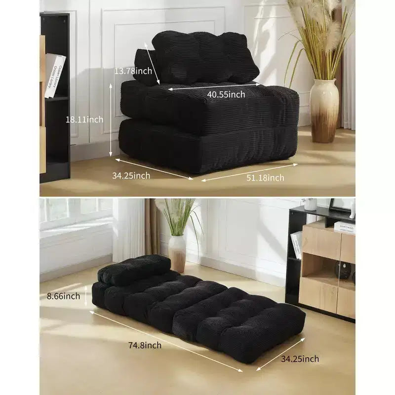 Canapé-lit convertible pliant 3 en 1 avec oreiller, matelas pliable avec support dorsal, fauteuil de couchage portable pour salon