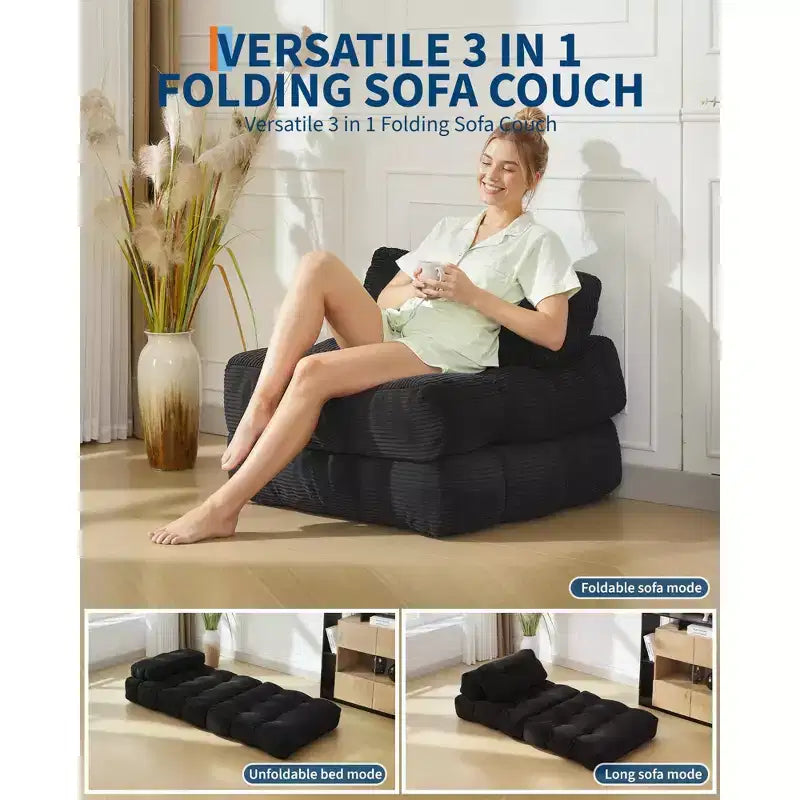 Canapé-lit convertible pliant 3 en 1 avec oreiller, matelas pliable avec support dorsal, fauteuil de couchage portable pour salon