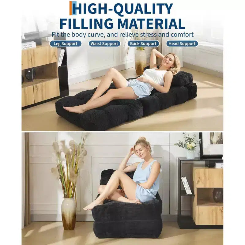 Canapé-lit convertible pliant 3 en 1 avec oreiller, matelas pliable avec support dorsal, fauteuil de couchage portable pour salon