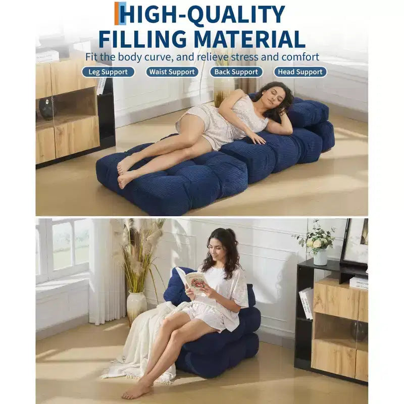 Canapé-lit convertible pliant 3 en 1 avec oreiller, matelas pliable avec support dorsal, fauteuil de couchage portable pour salon