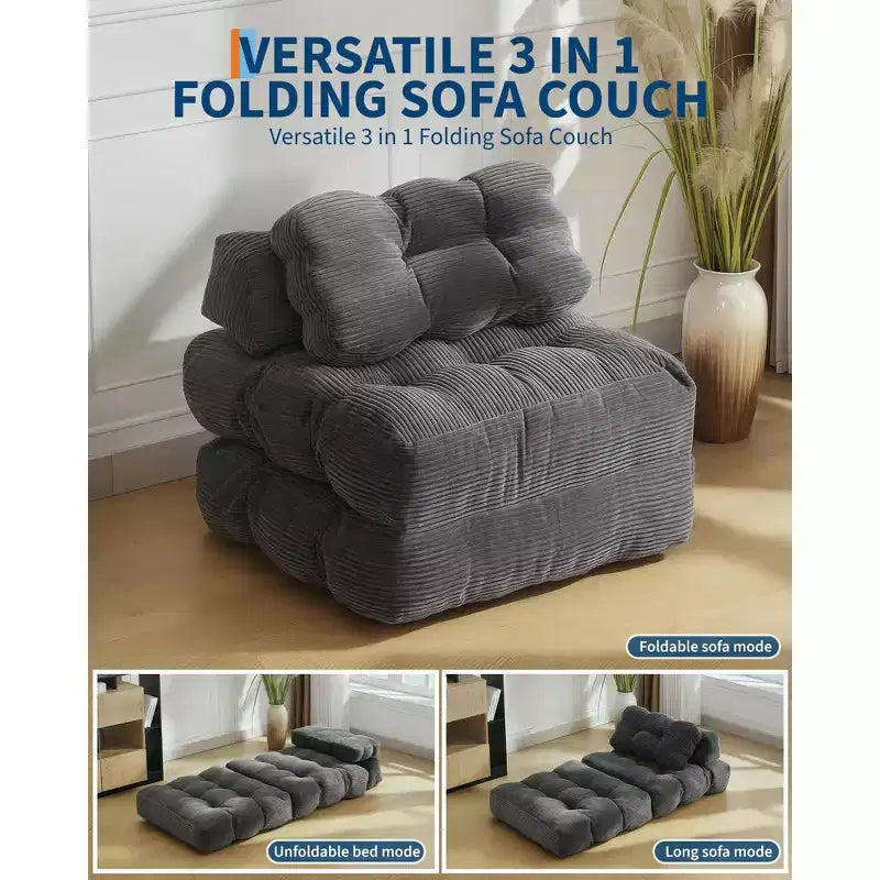 Canapé-lit convertible pliant 3 en 1 avec oreiller, matelas pliable avec support dorsal, fauteuil de couchage portable pour salon