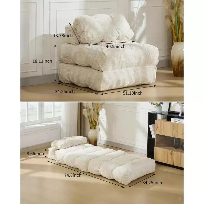 Canapé-lit convertible pliant 3 en 1 avec oreiller, matelas pliable avec support dorsal, fauteuil de couchage portable pour salon