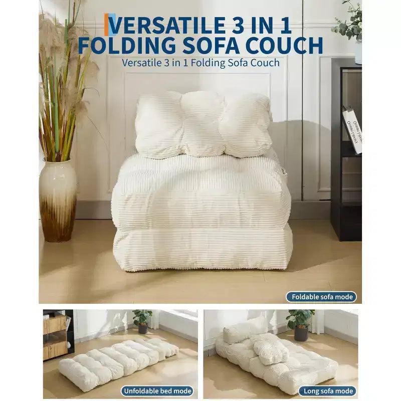 Canapé-lit convertible pliant 3 en 1 avec oreiller, matelas pliable avec support dorsal, fauteuil de couchage portable pour salon