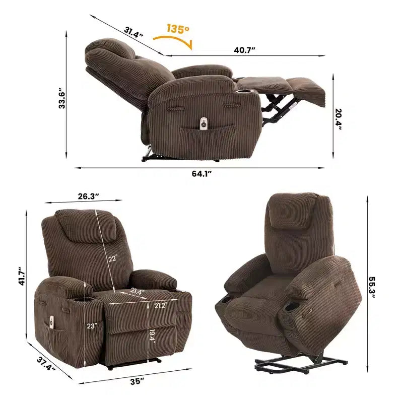 Fauteuil inclinable électrique avec fonction releveur, massage et chauffage, poches latérales et 2 porte-gobelets pour personnes âgées