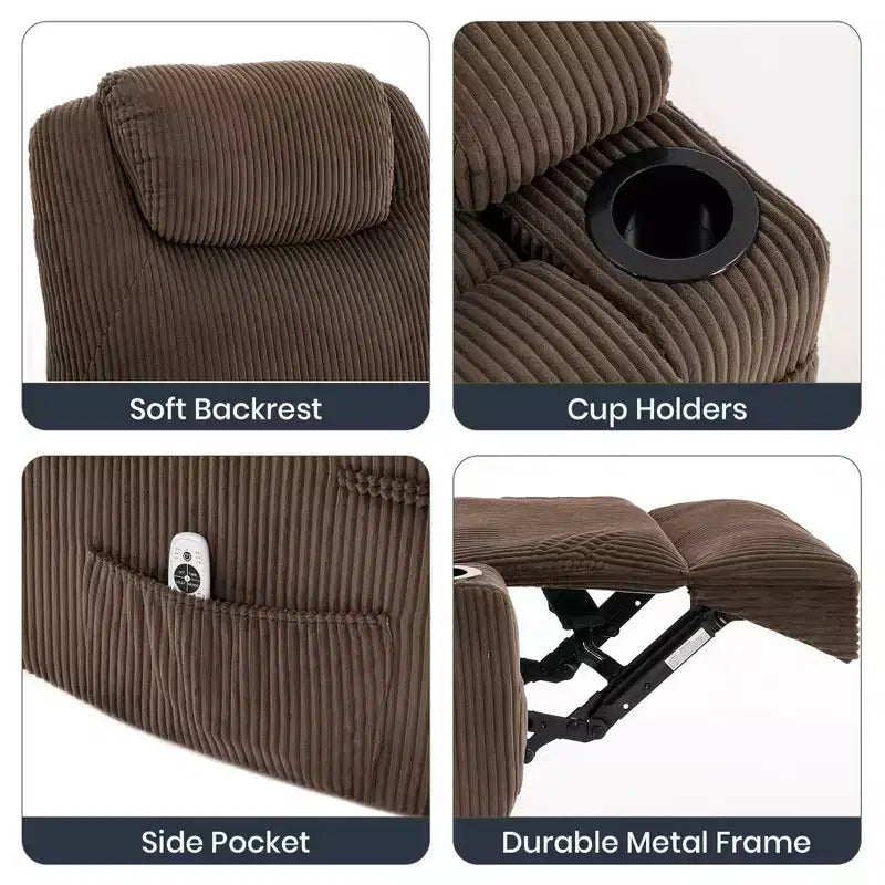 Fauteuil inclinable électrique avec fonction releveur, massage et chauffage, poches latérales et 2 porte-gobelets pour personnes âgées