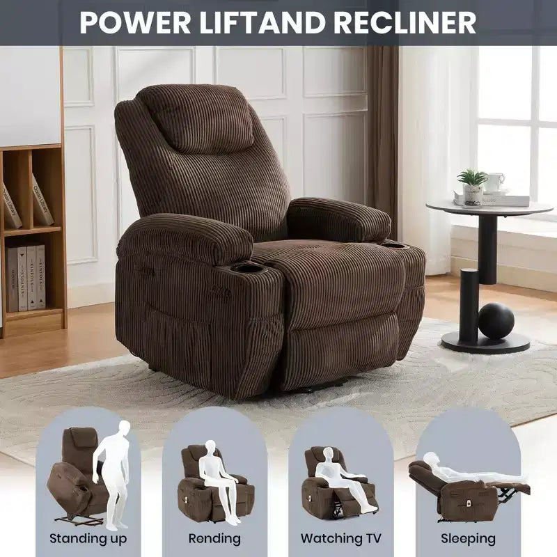 Fauteuil inclinable électrique avec fonction releveur, massage et chauffage, poches latérales et 2 porte-gobelets pour personnes âgées