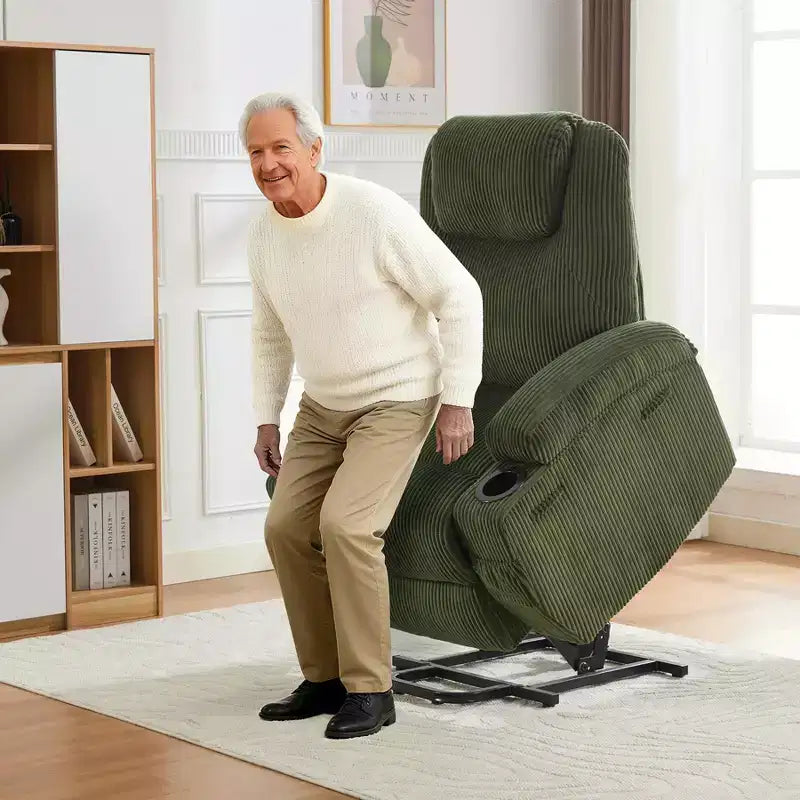 Fauteuil inclinable électrique avec fonction releveur, massage et chauffage, poches latérales et 2 porte-gobelets pour personnes âgées