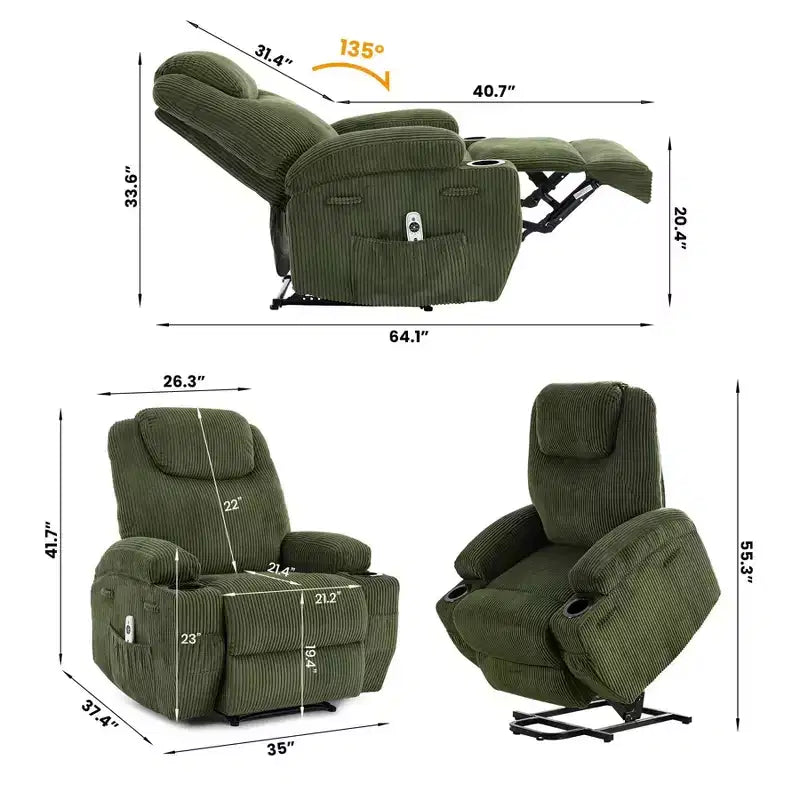 Fauteuil inclinable électrique avec fonction releveur, massage et chauffage, poches latérales et 2 porte-gobelets pour personnes âgées