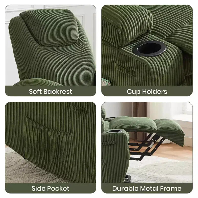 Fauteuil inclinable électrique avec fonction releveur, massage et chauffage, poches latérales et 2 porte-gobelets pour personnes âgées