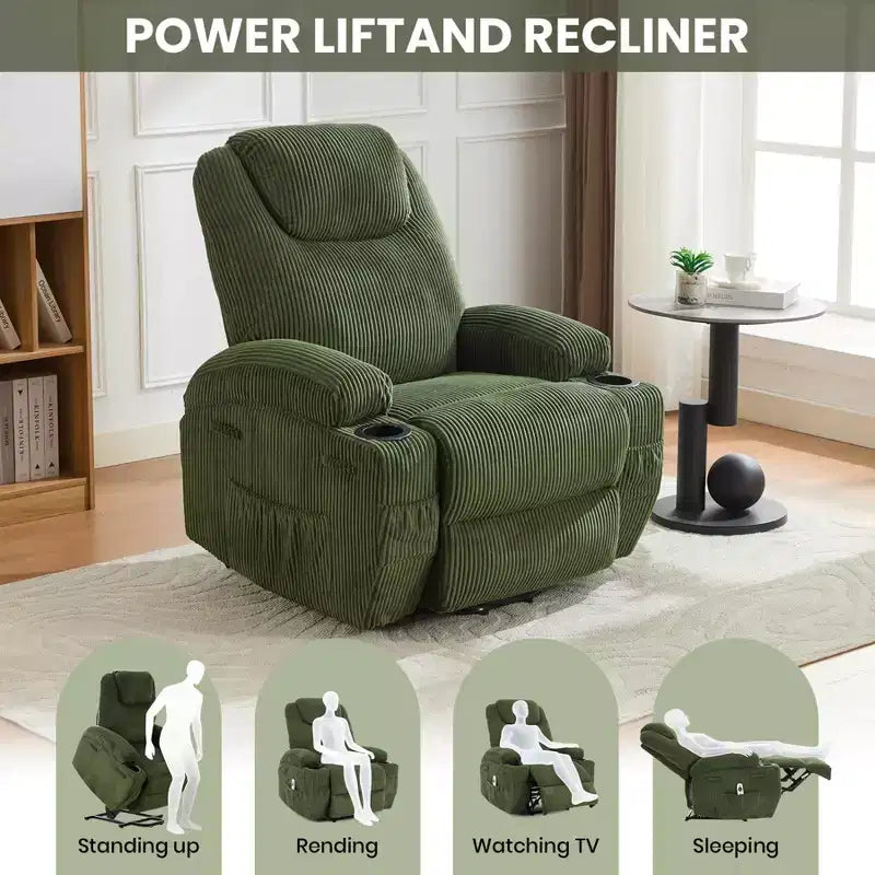 Fauteuil inclinable électrique avec fonction releveur, massage et chauffage, poches latérales et 2 porte-gobelets pour personnes âgées