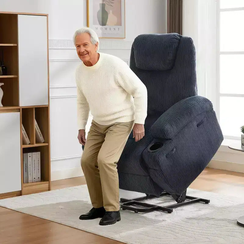Fauteuil inclinable électrique avec fonction releveur, massage et chauffage, poches latérales et 2 porte-gobelets pour personnes âgées