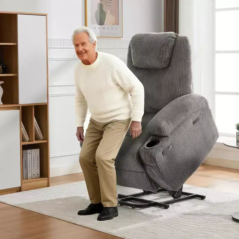 Fauteuil inclinable électrique avec fonction releveur, massage et chauffage, poches latérales et 2 porte-gobelets pour personnes âgées