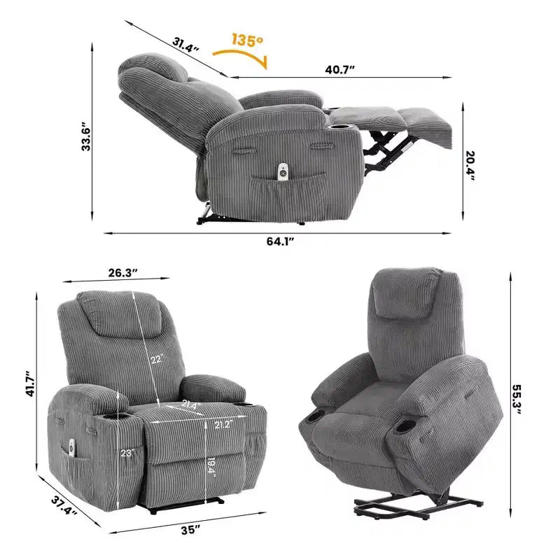 Fauteuil inclinable électrique avec fonction releveur, massage et chauffage, poches latérales et 2 porte-gobelets pour personnes âgées